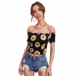 New Woman’s Boho Black Yellow Orange Off Shoulder Lettuce Trim Sunflower Top
